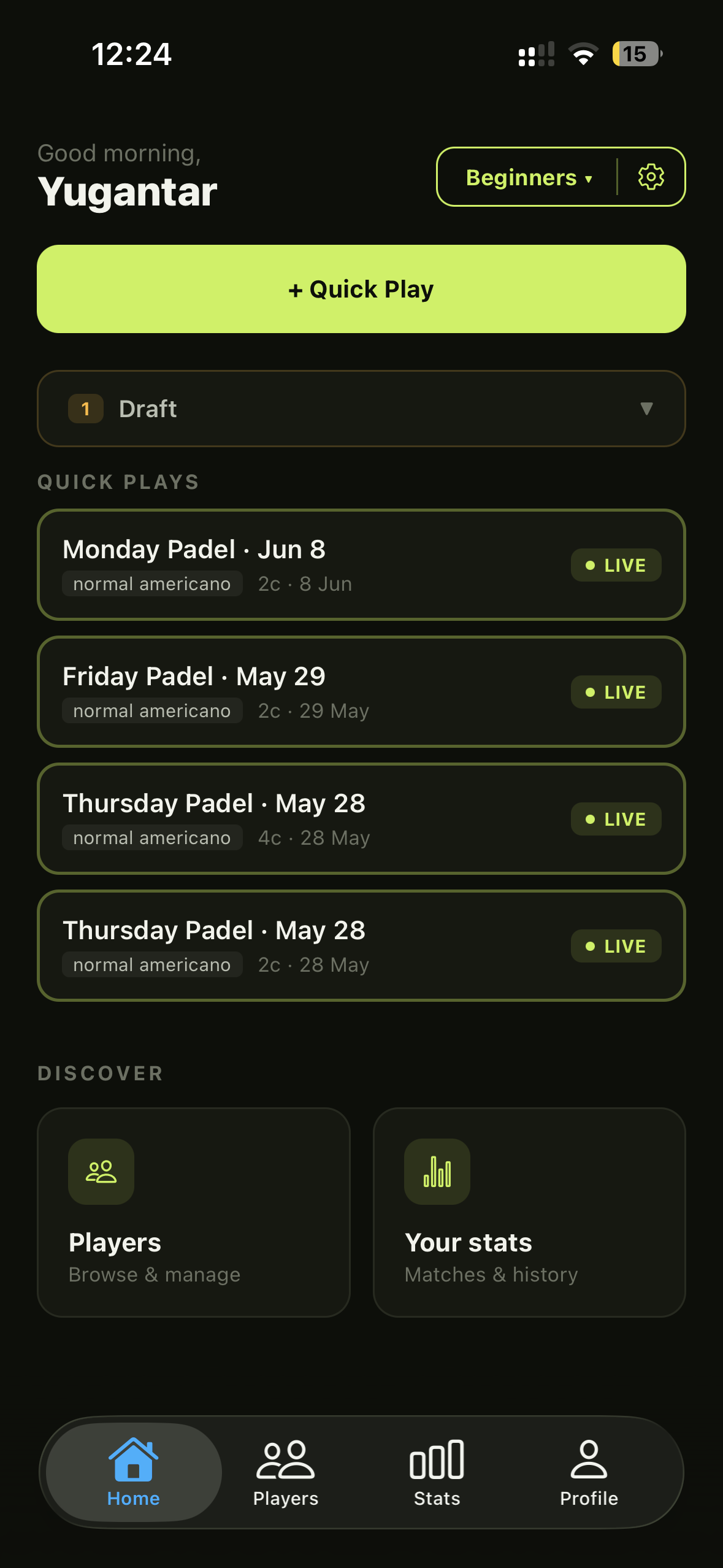 ScoreThis app home screen showing quick plays and live padel matches